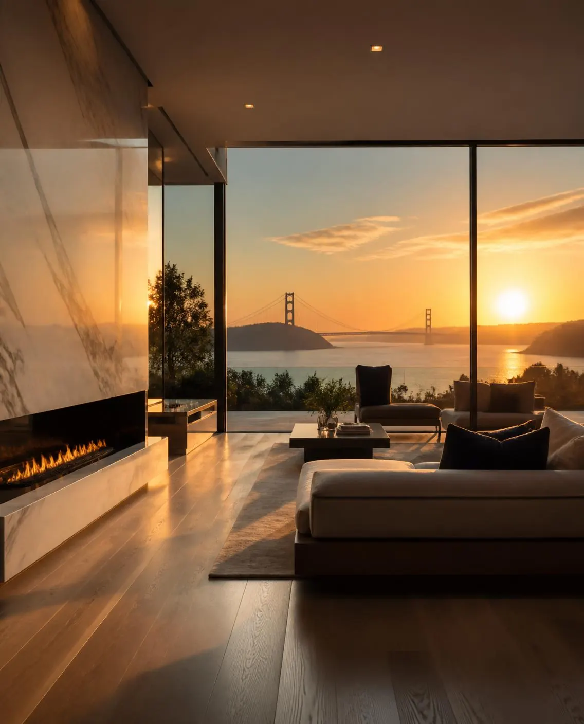 Living room at golden hour, San Francisco Bay view