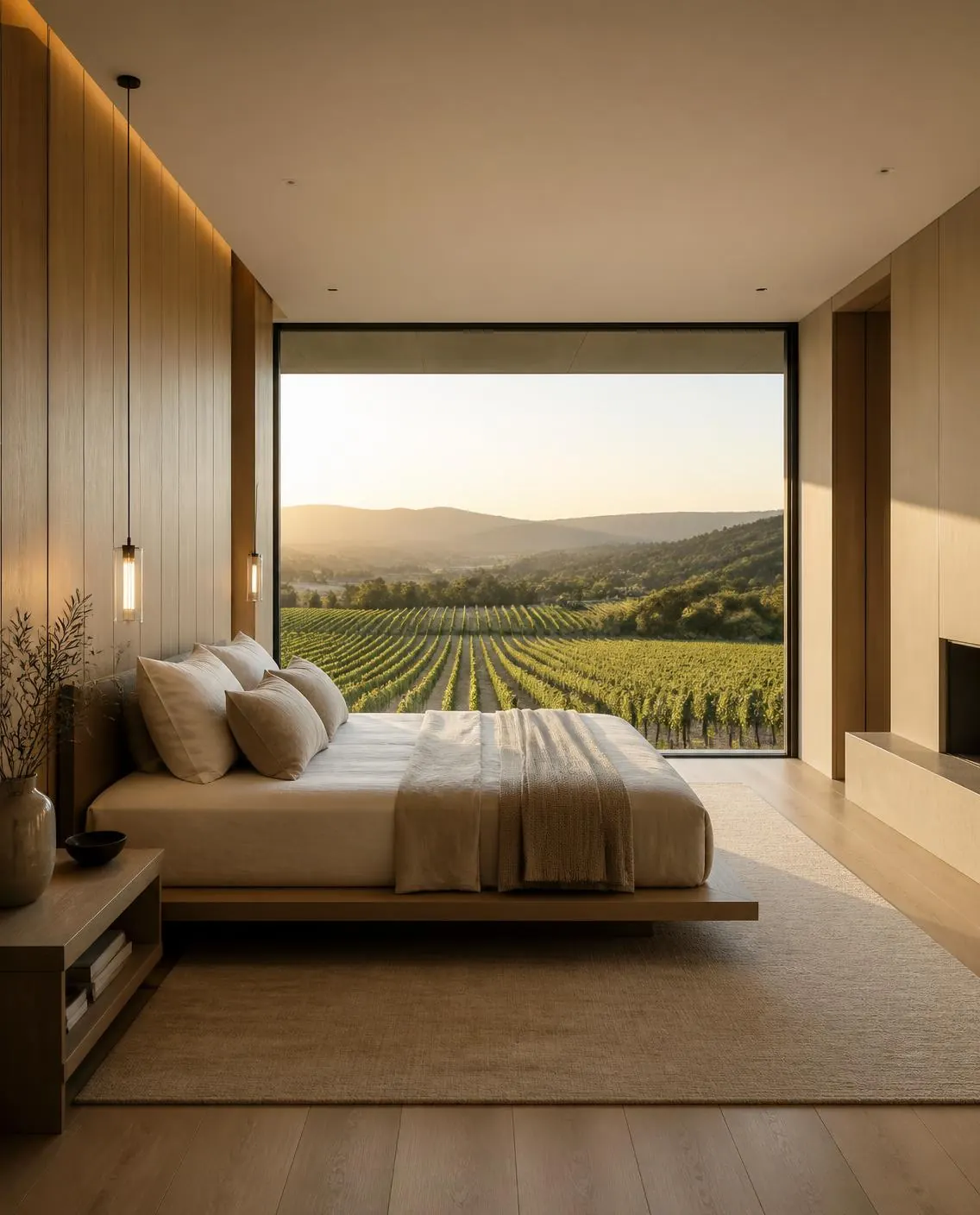 Primary suite, linen and oak, late afternoon light
