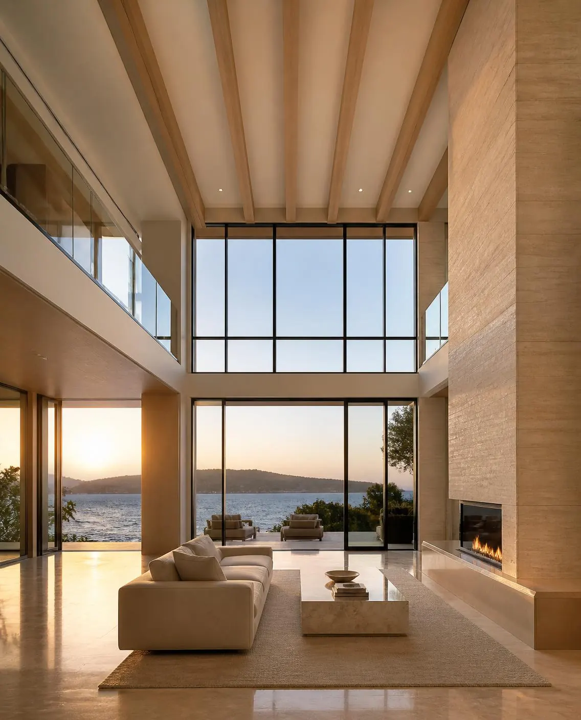 Double-height great room, just delivered, golden light over the Bay